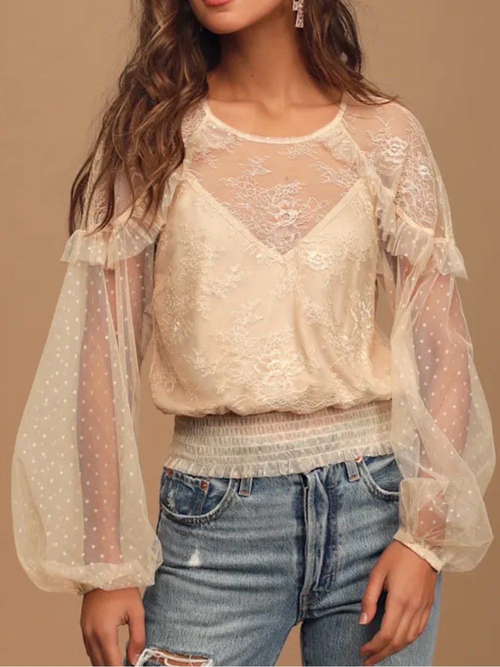 Lulus You Dot The Love Beige Lace Swiss Dot Long Sleeve Top - Size S
